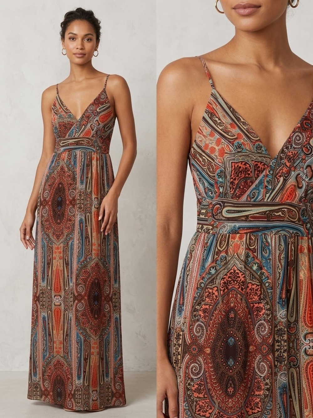 Sleeveless V-Neck Paisley Maxi Dress in Rust Multi